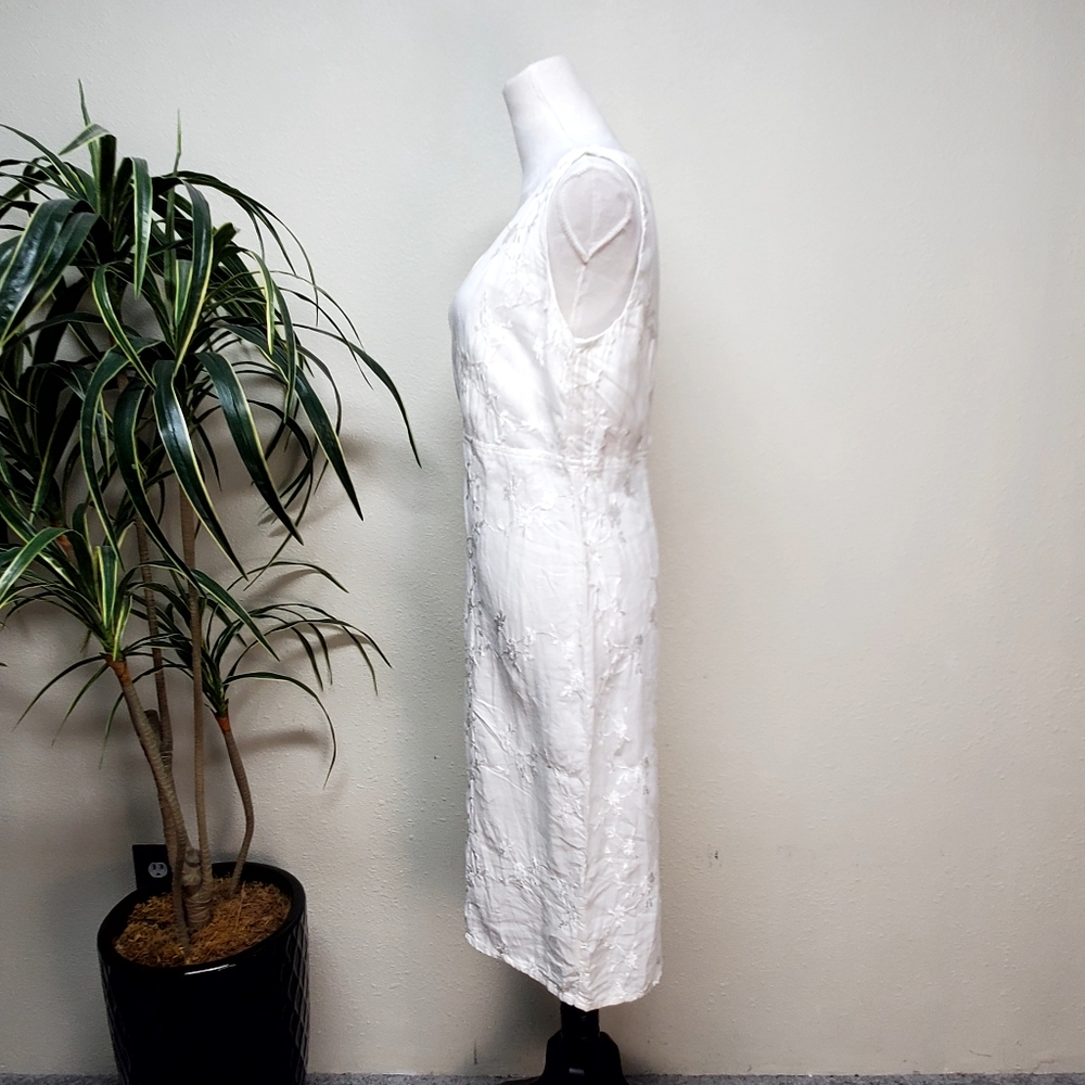 Johnny Was White Floral Embroidered Midi Dress 100% Linen Size Medium - Picture 4 of 9